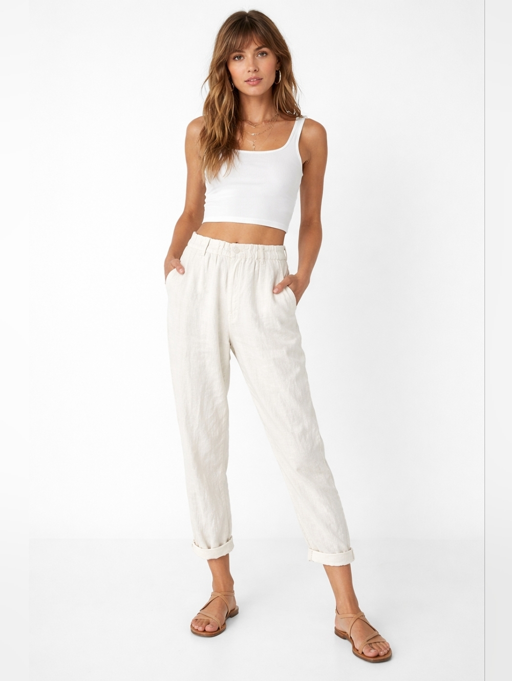 Linen-Blend Elastic Waist Jogger Pants in Natural